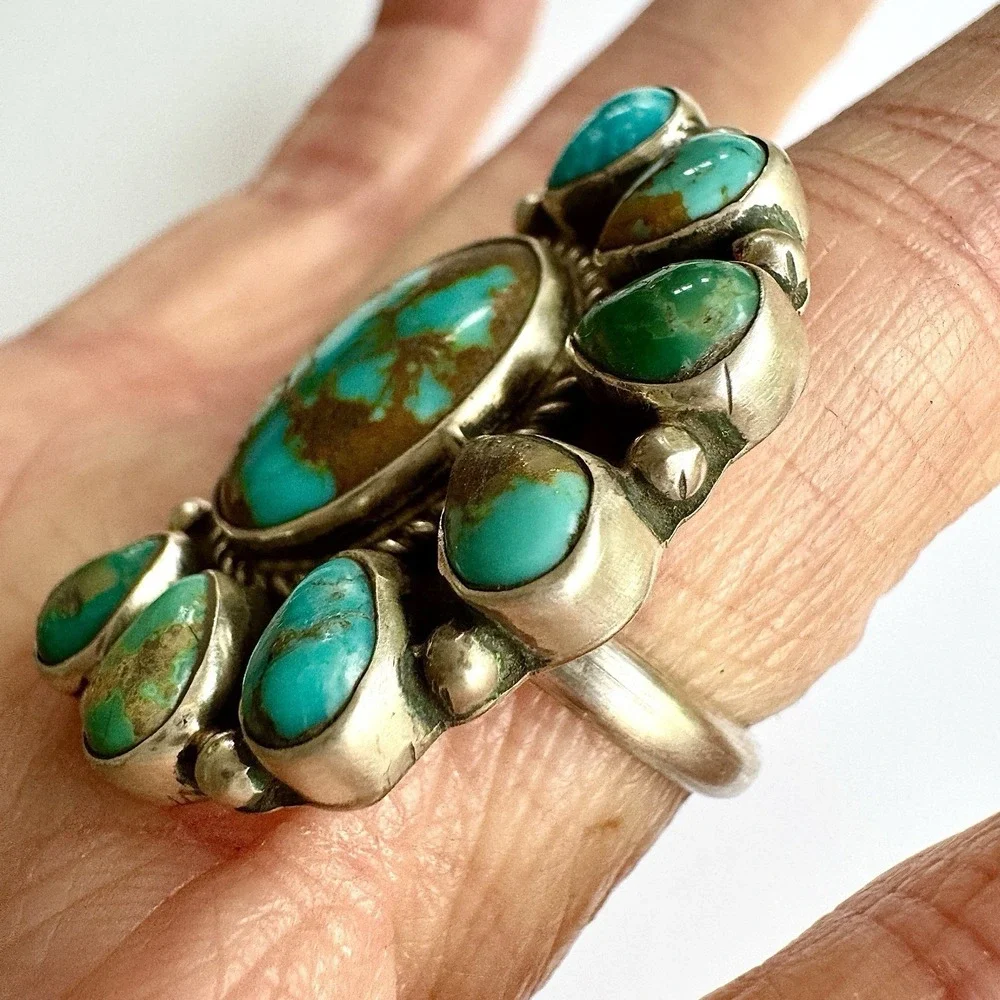 Navajo Turquoise Ring Half Cluster Sz7 Adj Sterling Signed G James‎ Native Amer
